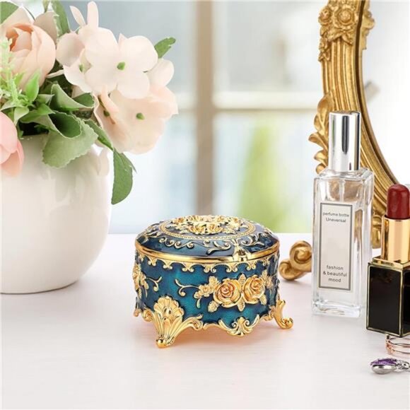 Antique Metal Jewelry Box Ring Earring Treasure Chest Case Small Trinket - Picture 7 of 8